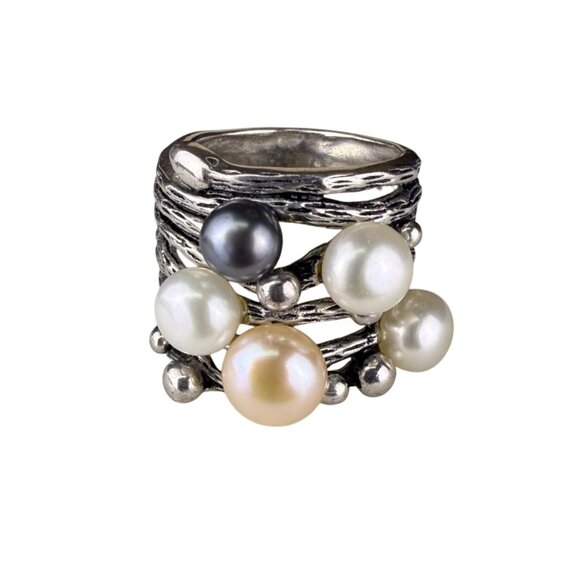 Handcrafted Thailand Silver Tone Multicolor Freshwater Pearl Wide Band Ring Size - Picture 1 of 5